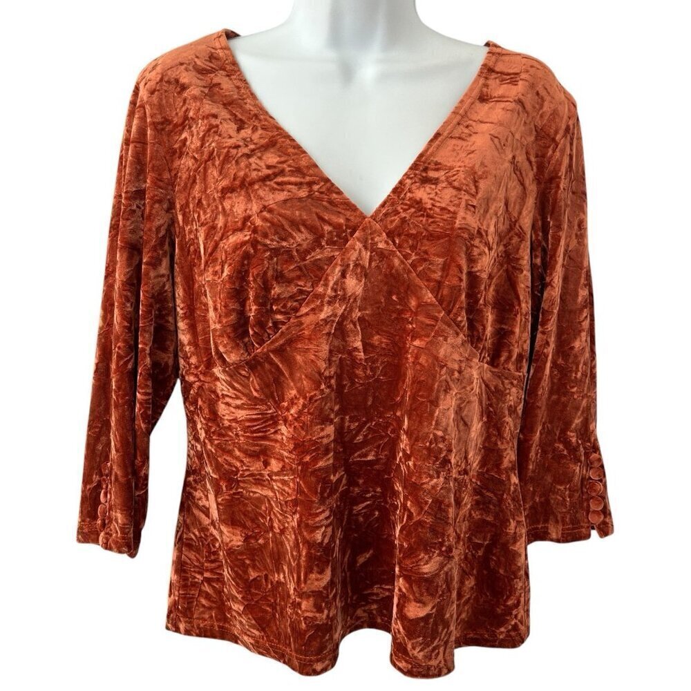 Tribal Women Crushed Velvet Babydoll Top Large Burnt Orange Y2K 90s Boho Stretch